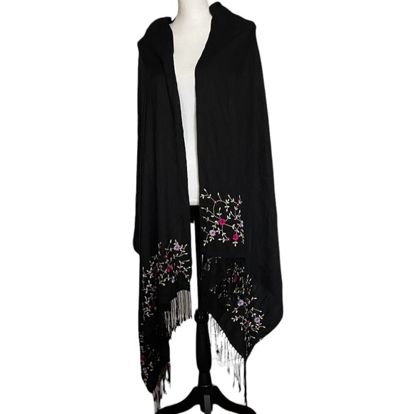 Long Scarf Embroidered Floral Shawl Wrap Black Pink Purple Tan Fringe - Picture 4 of 9
